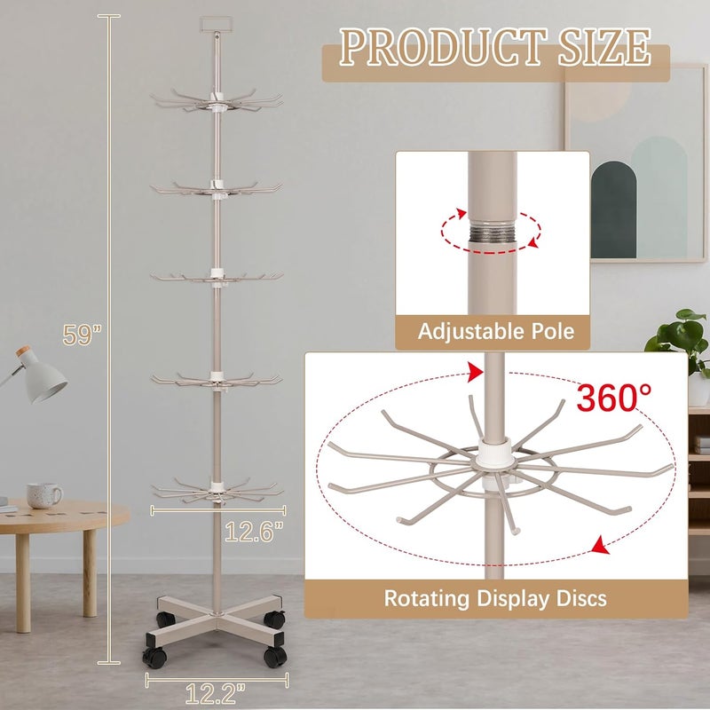 Exttlliy Retail Display Stand Store Display Rack 5 Tier Metal Spinning Display Stand Rack with Wheels Keychain Jewelry Stocking Hat Display Stand with Hooks for Malls, Showroom, Retail Store (Grey) - Image 3